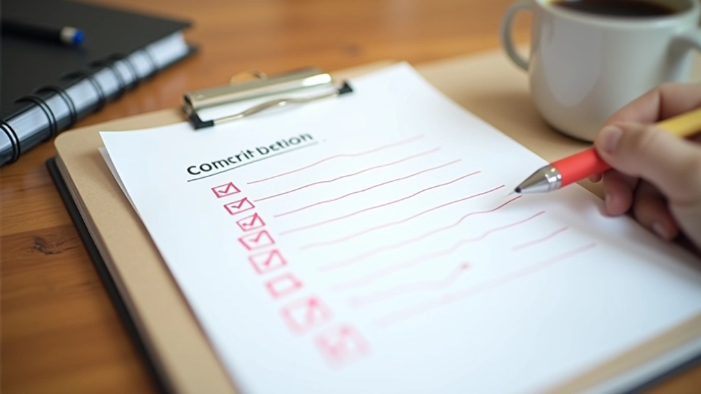 Close-up of compliance checklist and audit notes with red pen marking items on white paper