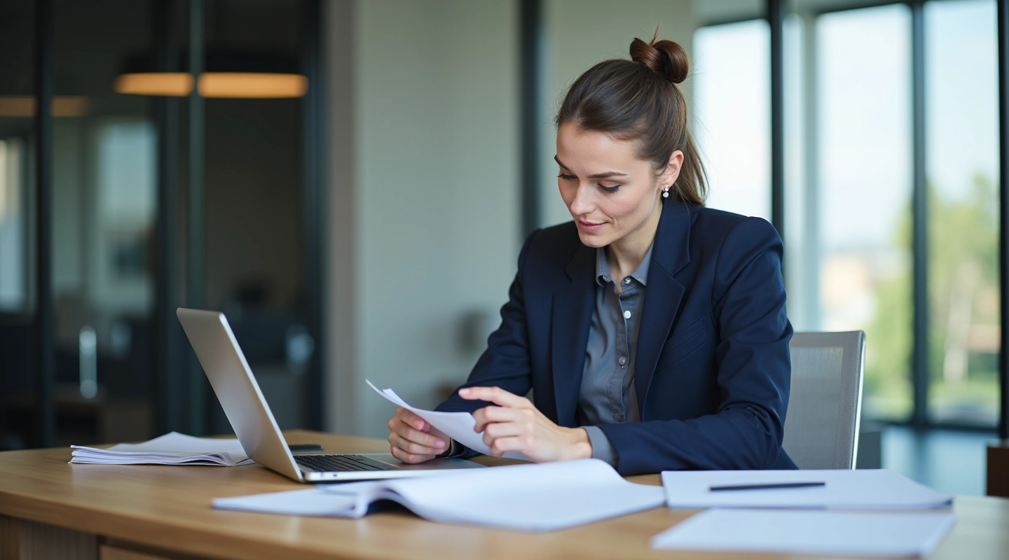 Professional woman in business setting reviewing compliance framework documentation